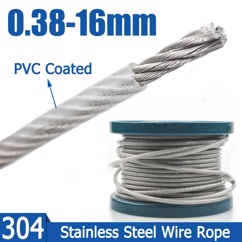 1-20M 0.38-16mm PVC Coated Steel Wire 304 Stainless Steel Stranded Wire Rope Soft Cable Transparent Stainless Steel Clothesline