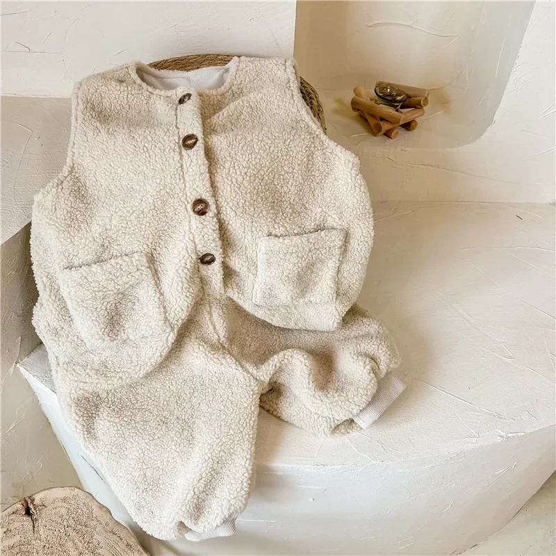 Korean Winter Baby Boy Girl Clothes Children Warm Lamb Jumpsuit Thicken Warm Fleece Pants Trousers Toddlers Kids Casual Overalls