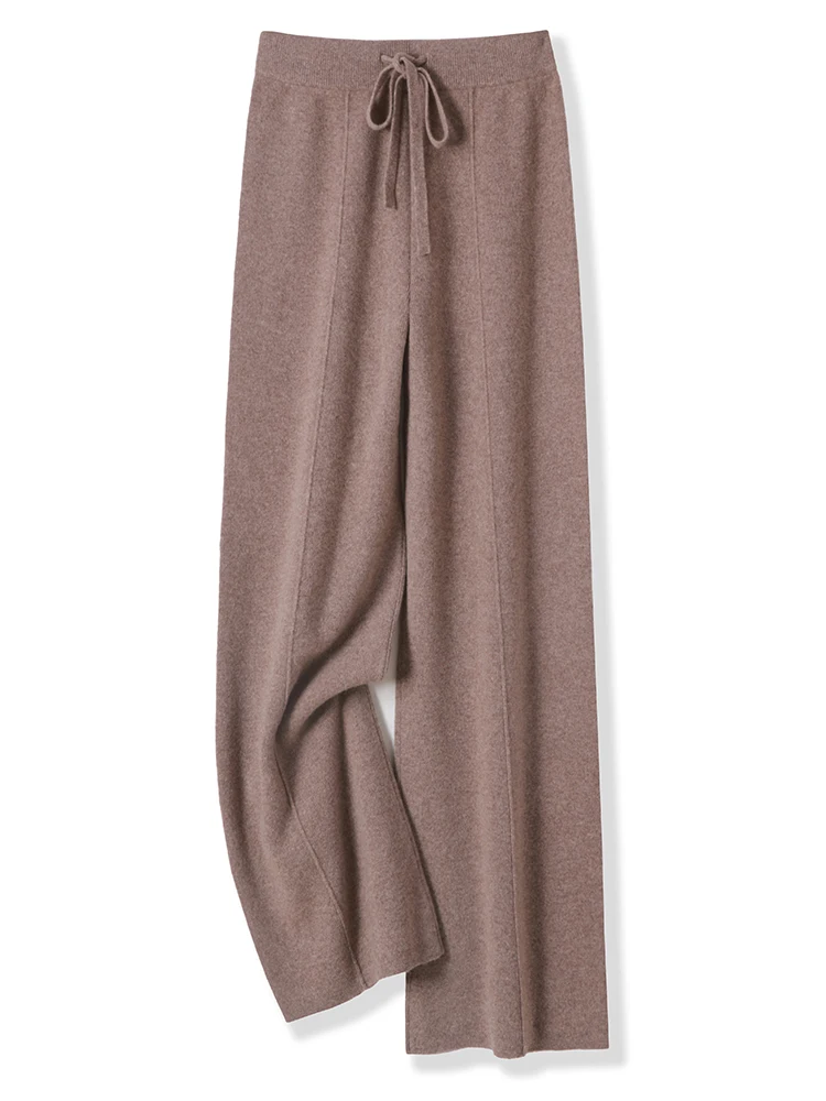 

Women Casual Loose Solid Basic Style 100% Merino Wool Knitted Wide-Leg Pants Autumn Winter Soft Warm Comfortable Lace-up Bottoms