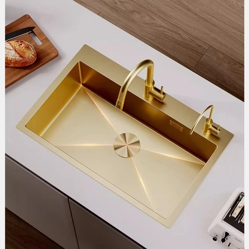 

Кухонная мойка из нержавеющей стали, бытовая раковина для овощей, утолщенная раковина ручной работы, большая с одним слотом, золото L168