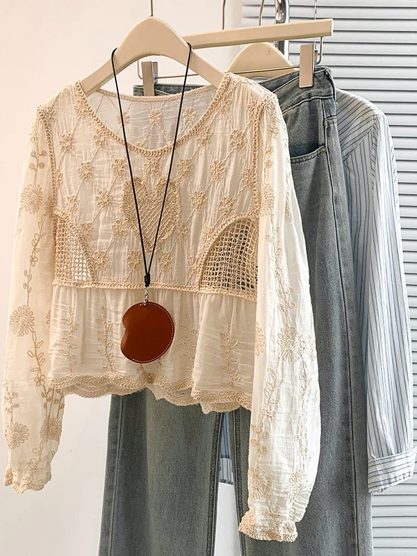 

Новинка Весна: Женская блузка из смесового хлопка с цветочной вышивкой, универсальная, омолаживающая, премиум-класса, с длинным рукавом и круглым вырезом