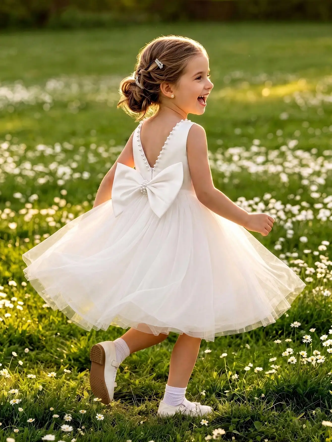 Girls' Beaded Bow Princess Dress, Flower Girl Wedding Dress, Kindergarten Important Festival Ball Gown, Piano Performance Dress, Children's Formal Dress