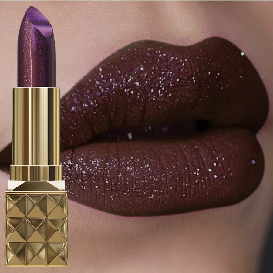 1PC 真珠光沢のある紫茶色のベルベット口紅グリッター防水リップメイクギフトシマーマットダイヤモンド口紅化粧品リップオイル