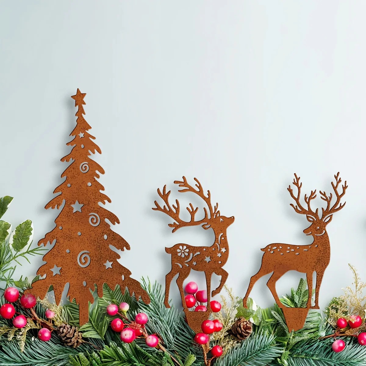 3Pc Iron Christmas Tree and Deer Garden Decoration Stakes, Christmas Garden Decorations, Outdoor Yard Christmas Ornaments, Rustic Christmas Decoration Stakes, Christmas Gifts