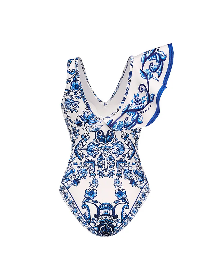 Ruffle Blue And White Porcelain Pattern Majolica Print One Piece Swimsuit And Skirt Or Sarong Women Fashion Swimwear Bikini 2024