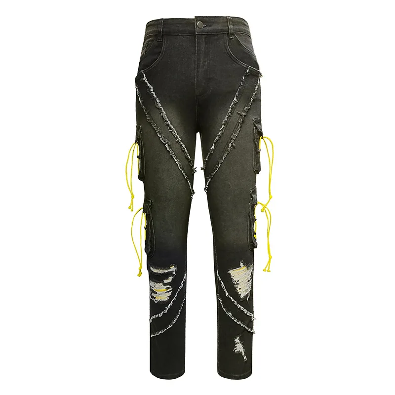 กางเกงยีนส์ผู้ชายสไตล์เรโทรขาดๆ หลายกระเป๋า กางเกงคาร์โก้แฟชั่นทรงสลิม ขาสั้น