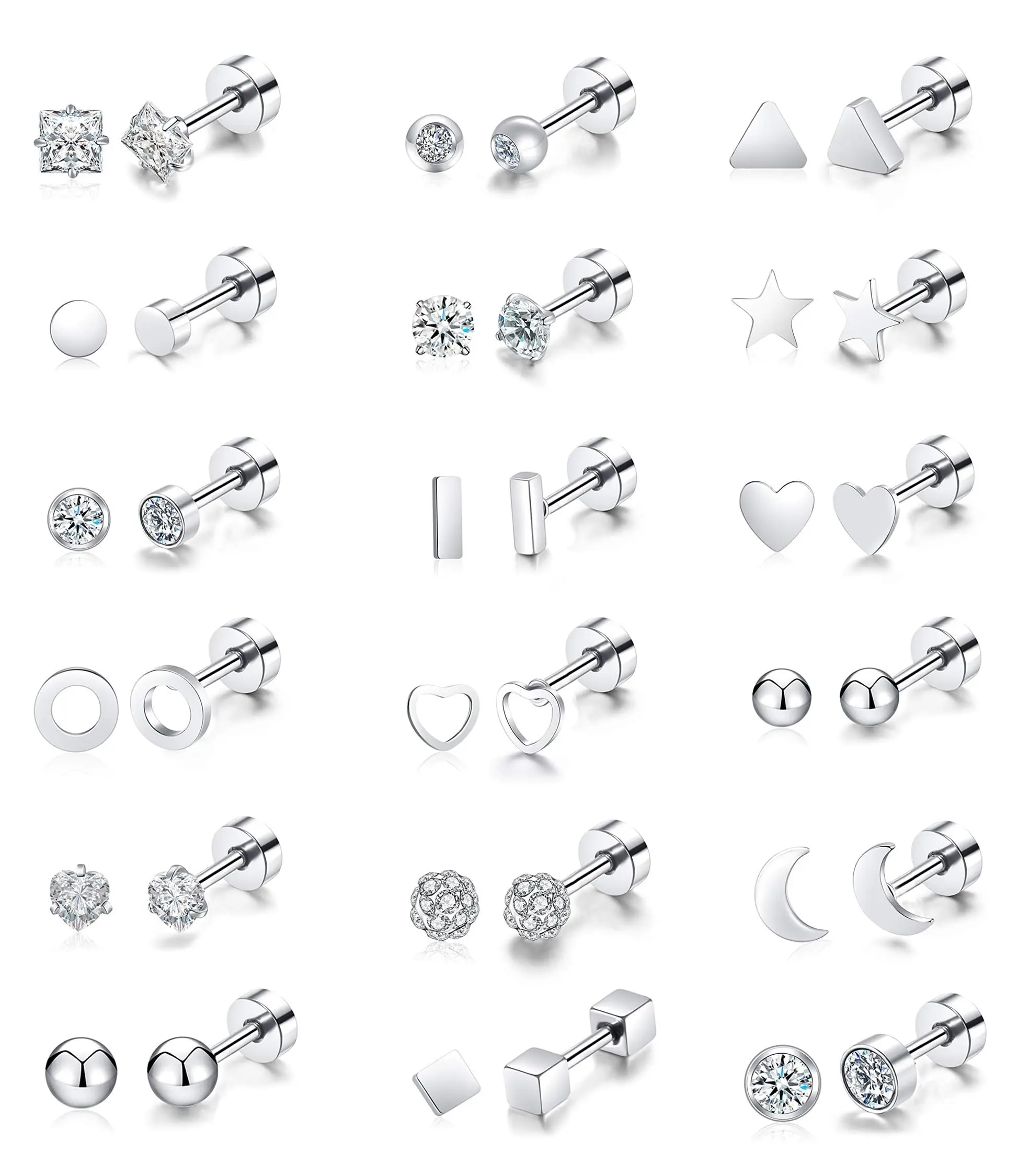 18 Pairs 14K Gold Plated Surgical Steel Screw Flat Back Stud Earrings Tiny Cartilage Earring Sets For Multiple Piercing 2mm