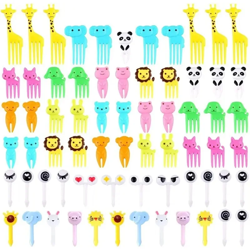 10-80PCS Reusable Cartoon Animal Fruit Forks, Kids Food Picks for Bento Box & Party, Random Color