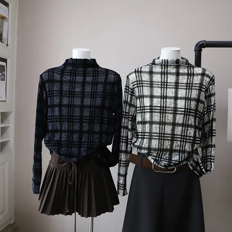 Retro Plaid Long Sve T-irt Women's Autumn New Sle Ele Versatile Slimming Elastic Me Top High Collar Base Layer P...