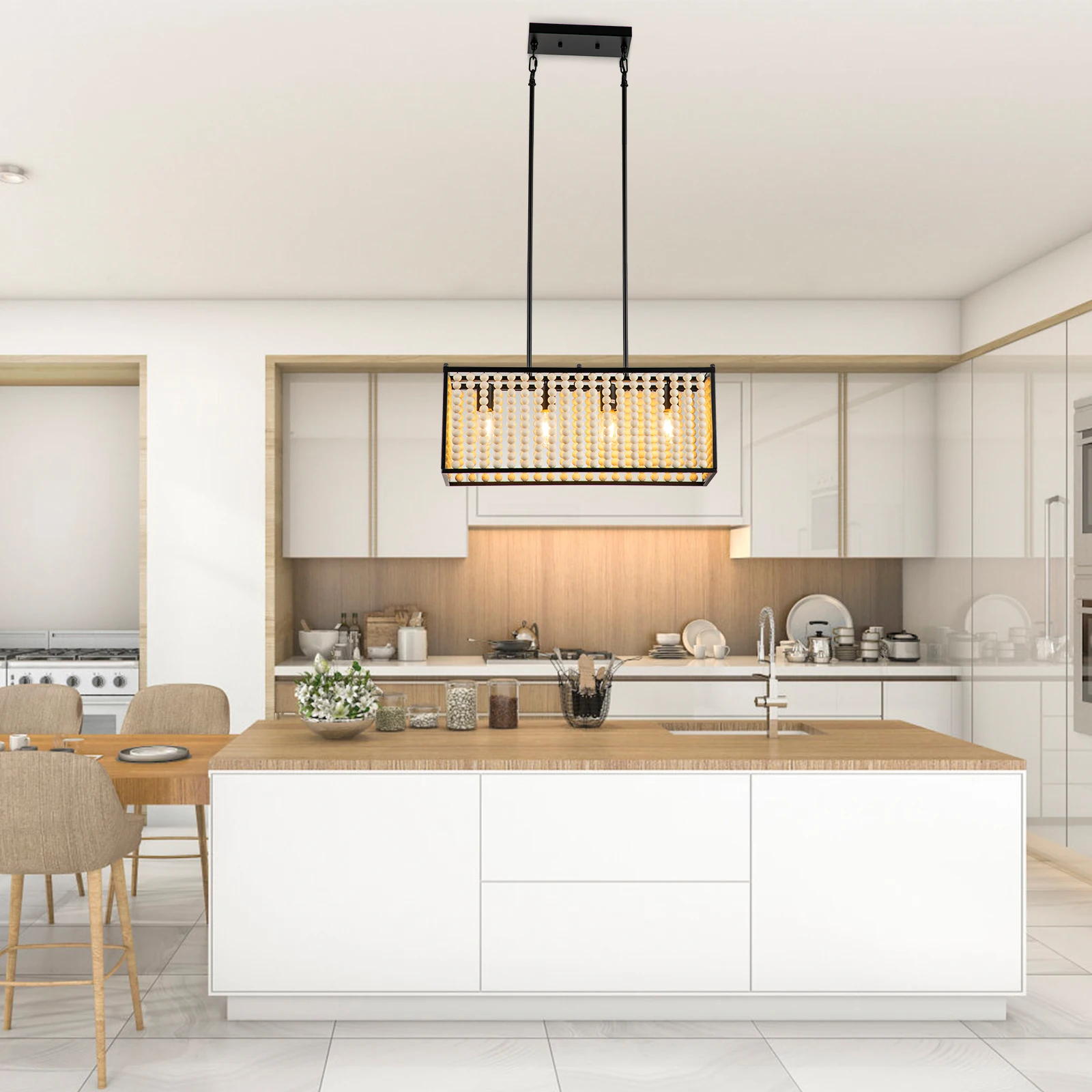 40W 110V Wood Beaded Chandelier,4-Light Wood Beaded Chandelier,Adjustable Chandelier,for Living Rooms,Dining Rooms,Cafes