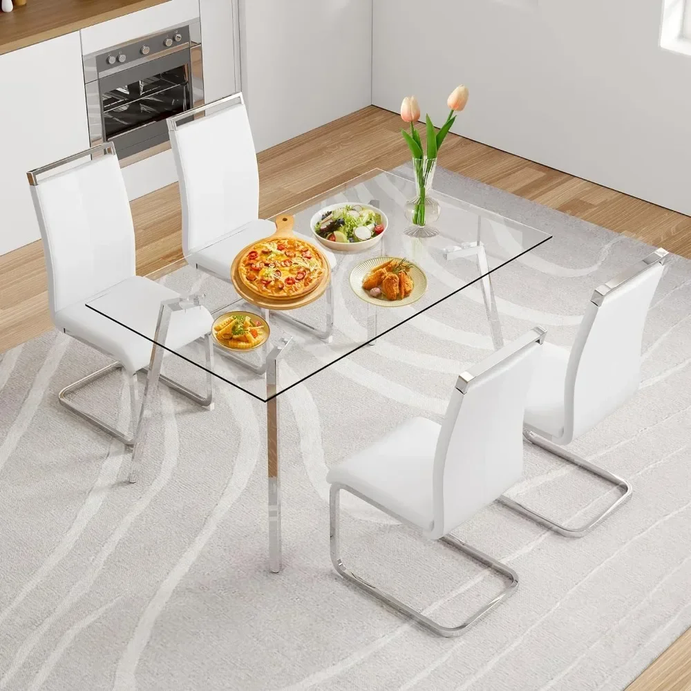 

Table à manger rectangulaire en verre avec pieds en métal argenté, 4 chaises en cuir blanc, 51 po, 4 places