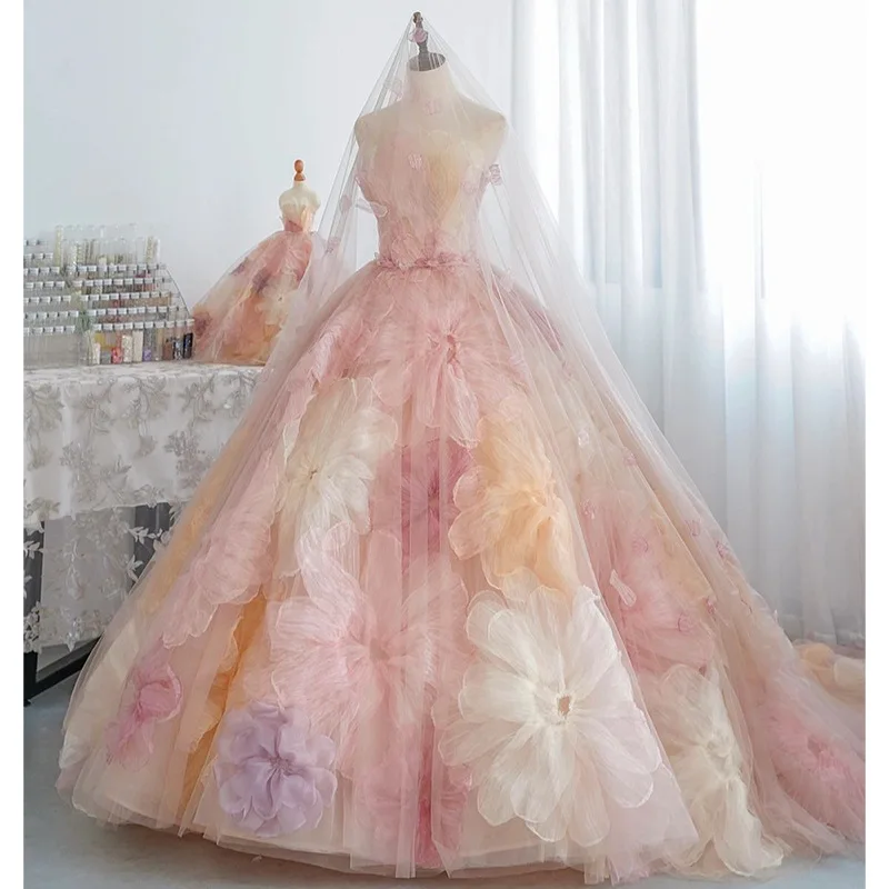 Corsetto di lusso abito Quinceanera rosa 2023 senza spalline grandi fiori abiti da festa formali con lacci abiti da ballo Vestidos De Noiva