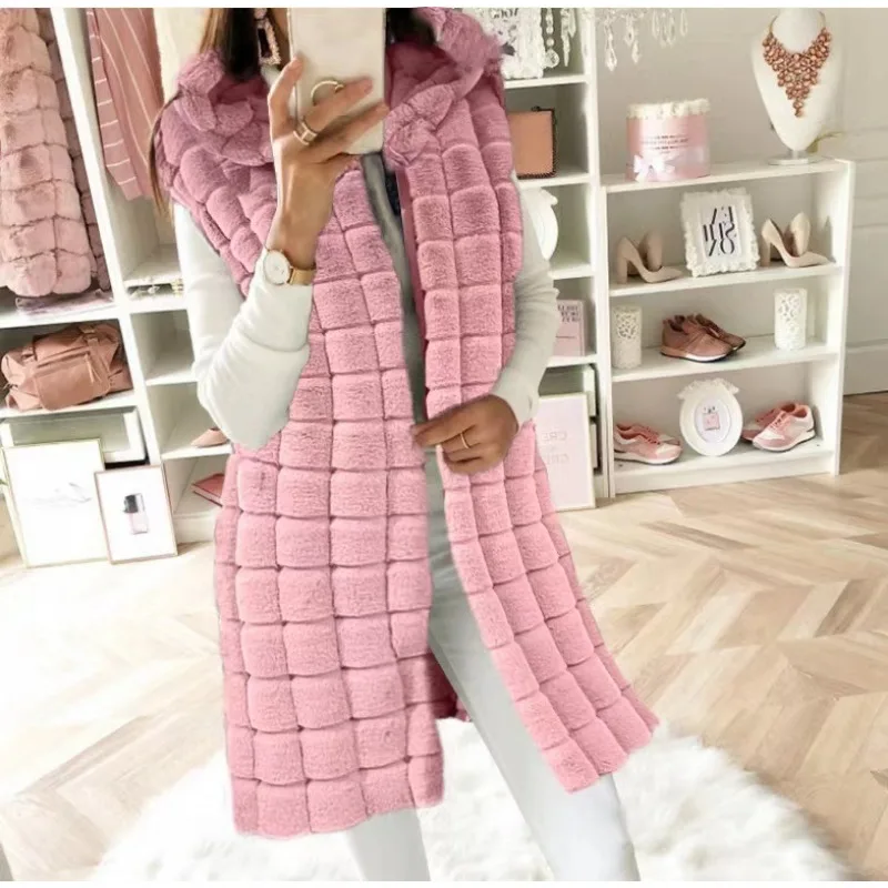 

2023 New Autumn Winter Faux Fur Vest Women Sleeveless Jacket Fur Waistcoat Hooded Cardigan Luxury Long Vest Thick Warm Windproof