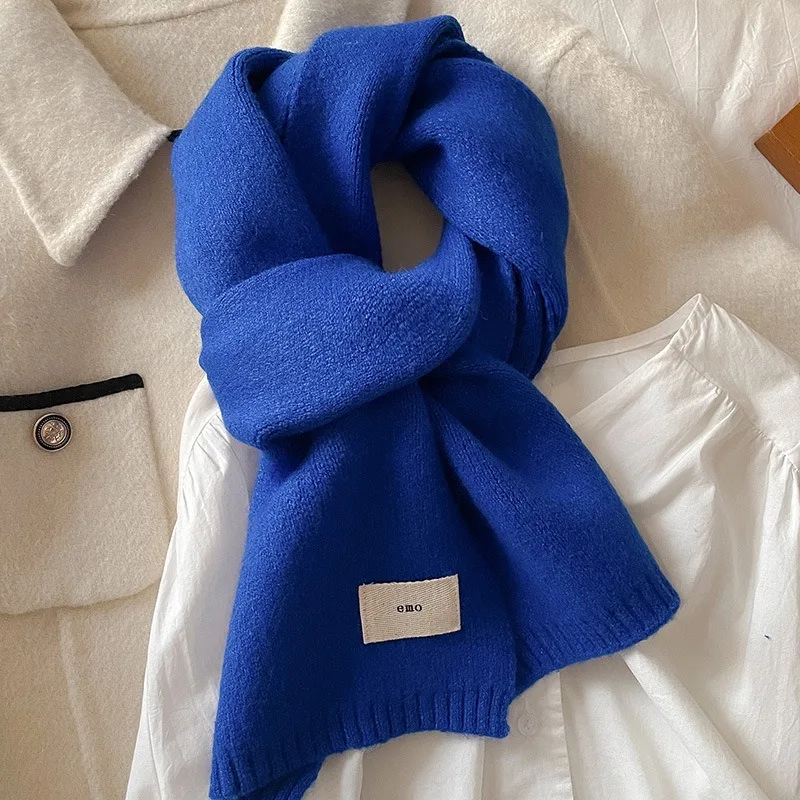 Korean Women's Winter Shawl Fashion Simple Versatile Blue Keep Warm Knit Scarf Autumn and Winter Solid Thickening Scarf Women