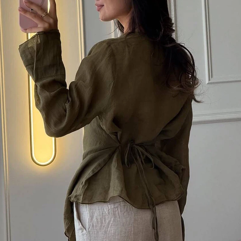 Blusas elegantes con cordones para oficina, ropa de calle informal de Color sólido, camisetas para mujer, camiseta Irregular de manga larga con cuello en V a la moda