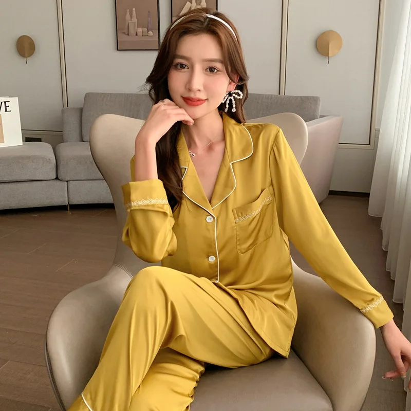 

Women Spring Pajamas Sets 2PCS Lace Trim Pyjamas Suit Sexy Turn-Down Collar Rayon Sleepwear Nightwear Casual M-XXL Home Clothes