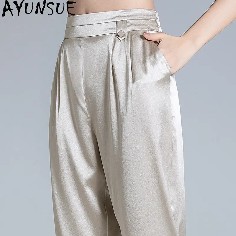 

AYUNSUE 95% Mulberry Silk Harem Pants Summer Real Silk Pants High Waist Trousers for Women Casual Pants Black Pantalon De Mujer