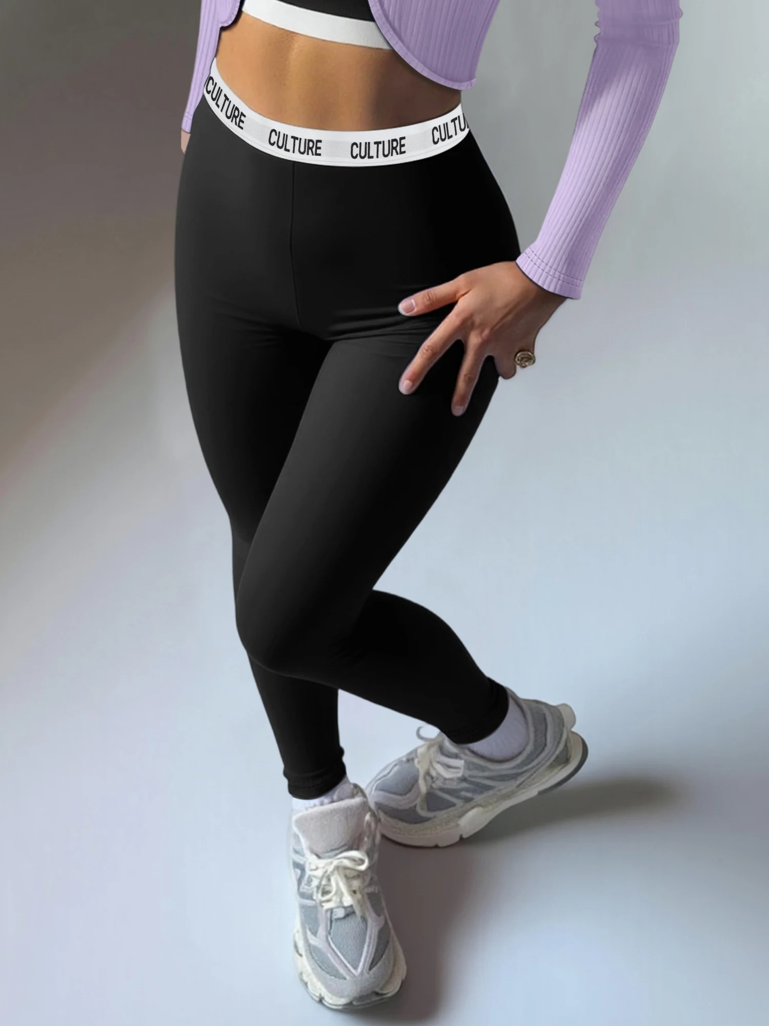 Spicy Girl High‑Rise Skinny Leggings For Women Letter Pattern Elastic Waist Smooth Breathable Black Street‑Style Long Trousers