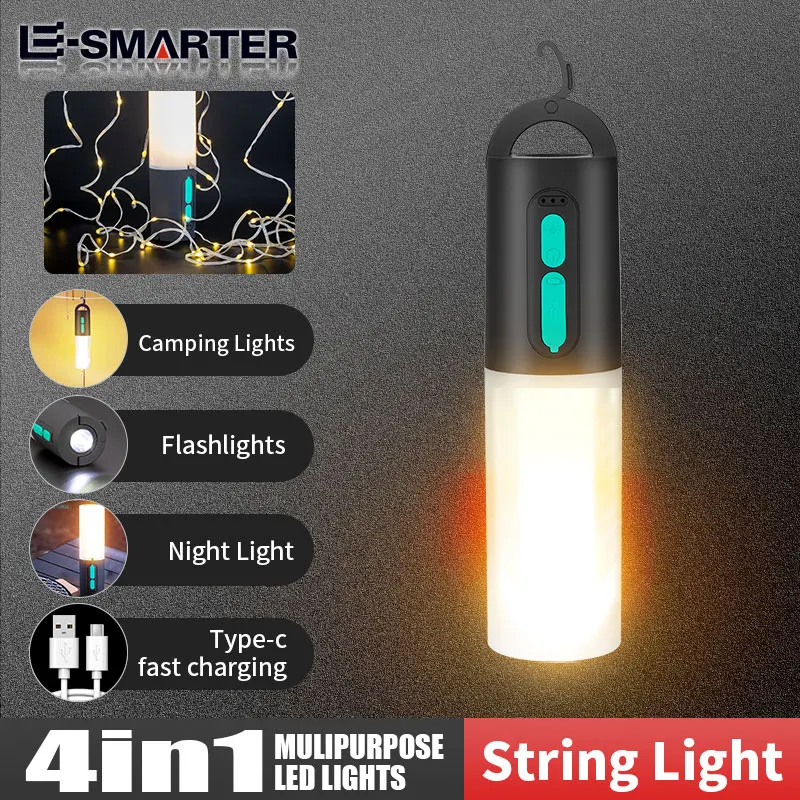 4 in 1 Camping Light with String Lights 6 Light Modes Camping Lantern LED Flashlight Emergency Night Lamp Waterproof Camp Lamps