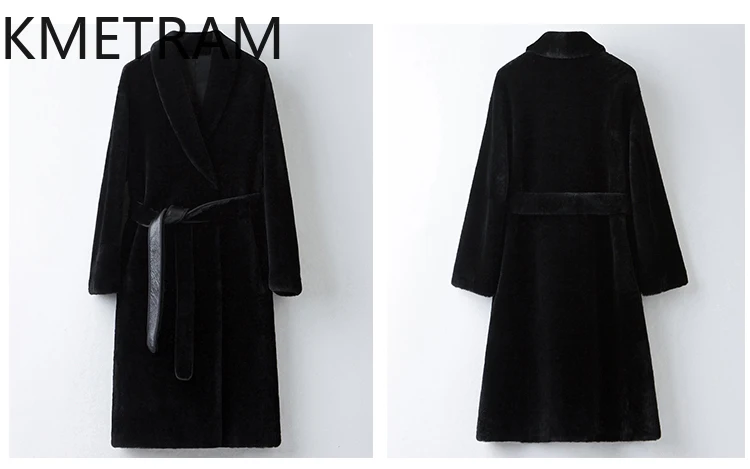 KMETRAM جلد الغنم ميرينو الطبيعي مع معطف مرفق من الصوف سترة متوسطة الطول من الفرو الحقيقي مع حزام 2025 ملابس نسائية شتوية #5