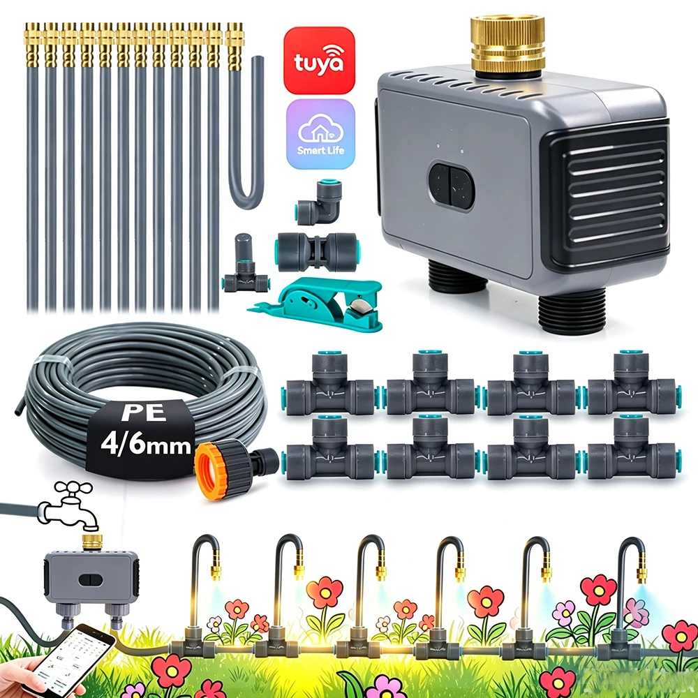 Garden 2-Way WiFi Timer 20cm Flexible Nozzle Misting Cooling System 1/4" PE Hose Quick Connect Smart Controller Sprayer Watering