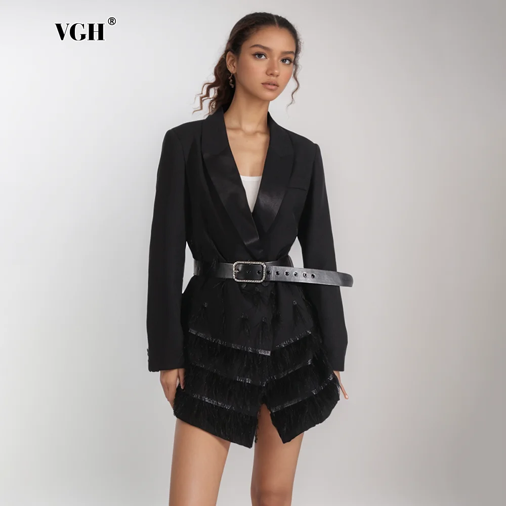 VGH Elegant Splicd Tassel Slimming Blazer Dress For Women Notched Collar Long Sleeve High Waist Chic Temperament Dresses Female