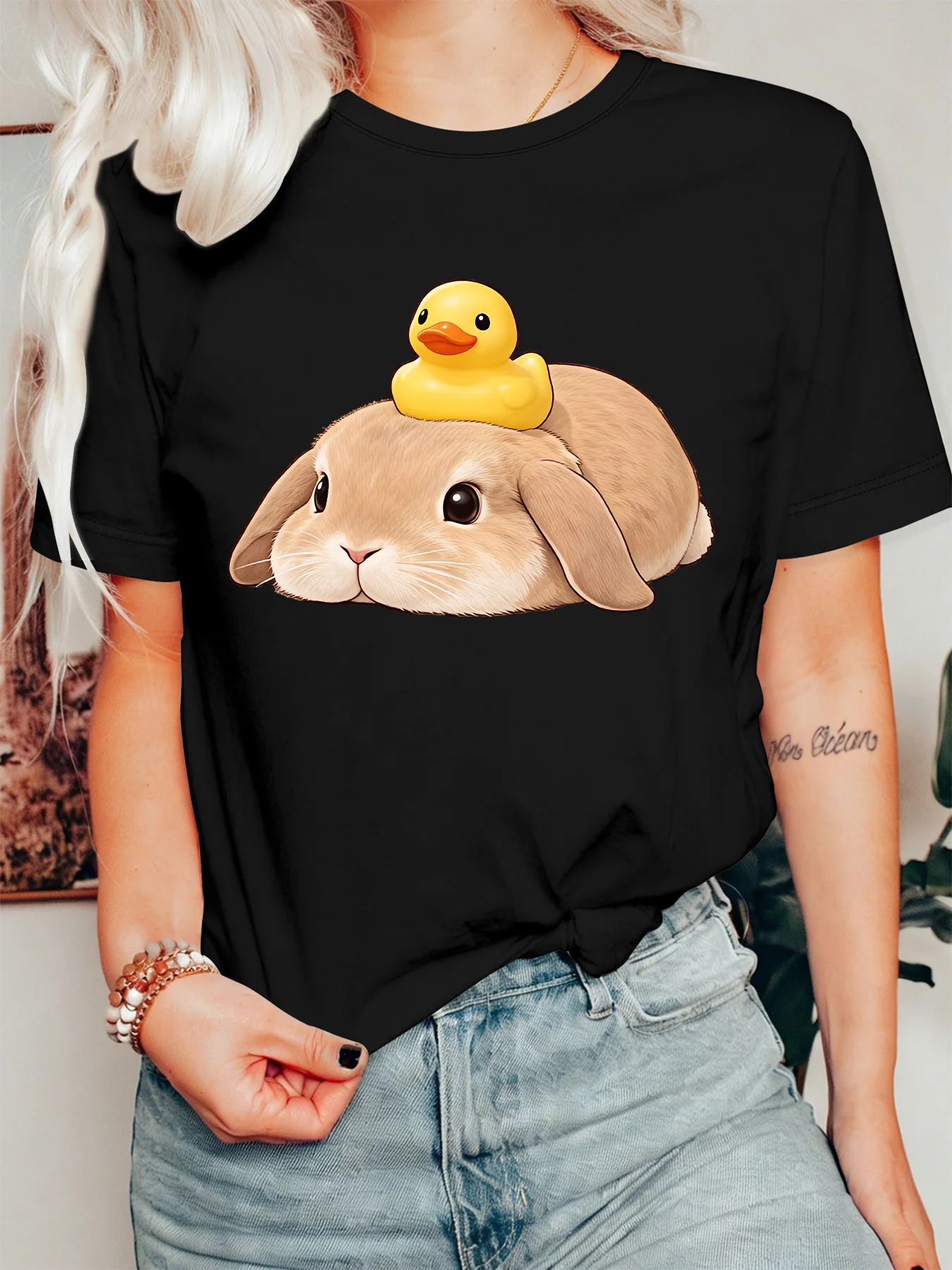 Women Crew Neck Tee Rabbit Rubber Duck Graphic Print Short Sleeve Loose Ladies Summer Soft Cotton Plus Size Casual Street Top