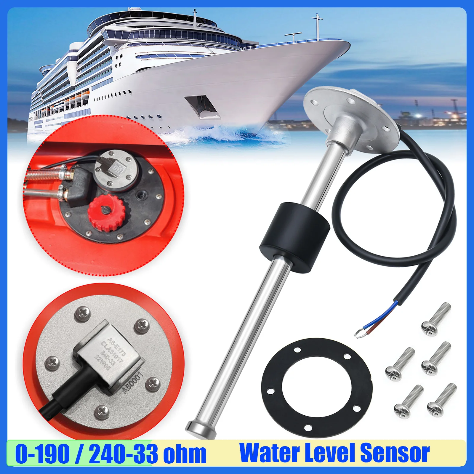 

304 Stainless Steel 0-190 ohm Fuel Level Sensor 240-33 OHM Water Level Sensor 600mm Boat Oil Liquid Tank Fuel Sender Unit Sensor