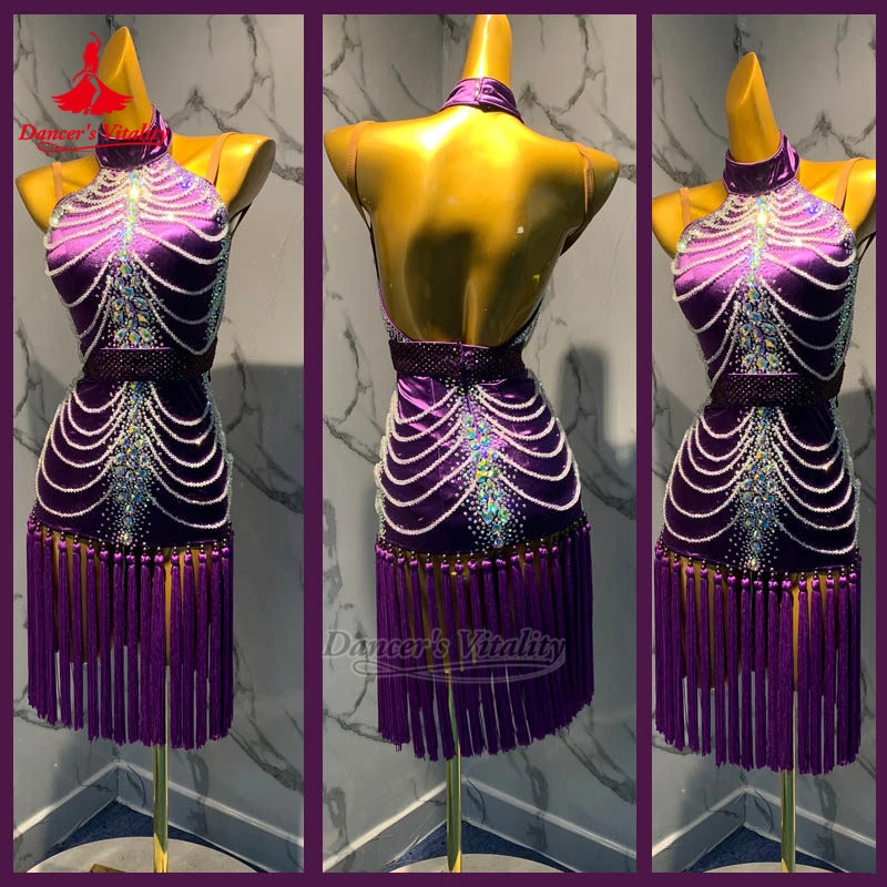 Championship Chacha Jive Sexy Backless Dress Adult&Teenager Latin String of Beads Decoration Clothes Customize Dancer's Vitality