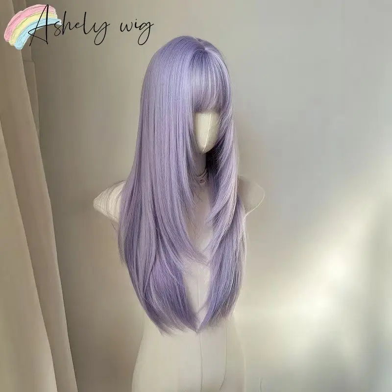 Lavender Layered Wig with Bangs 26inch Long Straight Hair Wig for Women Lolita Cute Cosplay Wigs High Quality Synthetic Wigs