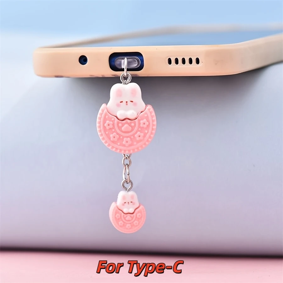Mobile Phone Dust Plug, Pink Biscuit Rabbit Pendant, Mobile Phone Decoration Dust Plug, Suitable for iPhone and Type-C view 4