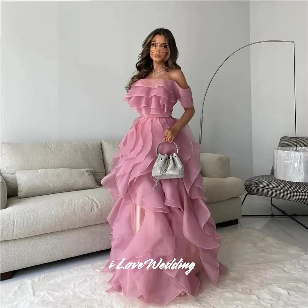 

Pink Strapless Ruffle Prom Dress Off Shoulder A-Line Floor-Length فستان سهرة نسائي Multi-Layered Pleated Customize