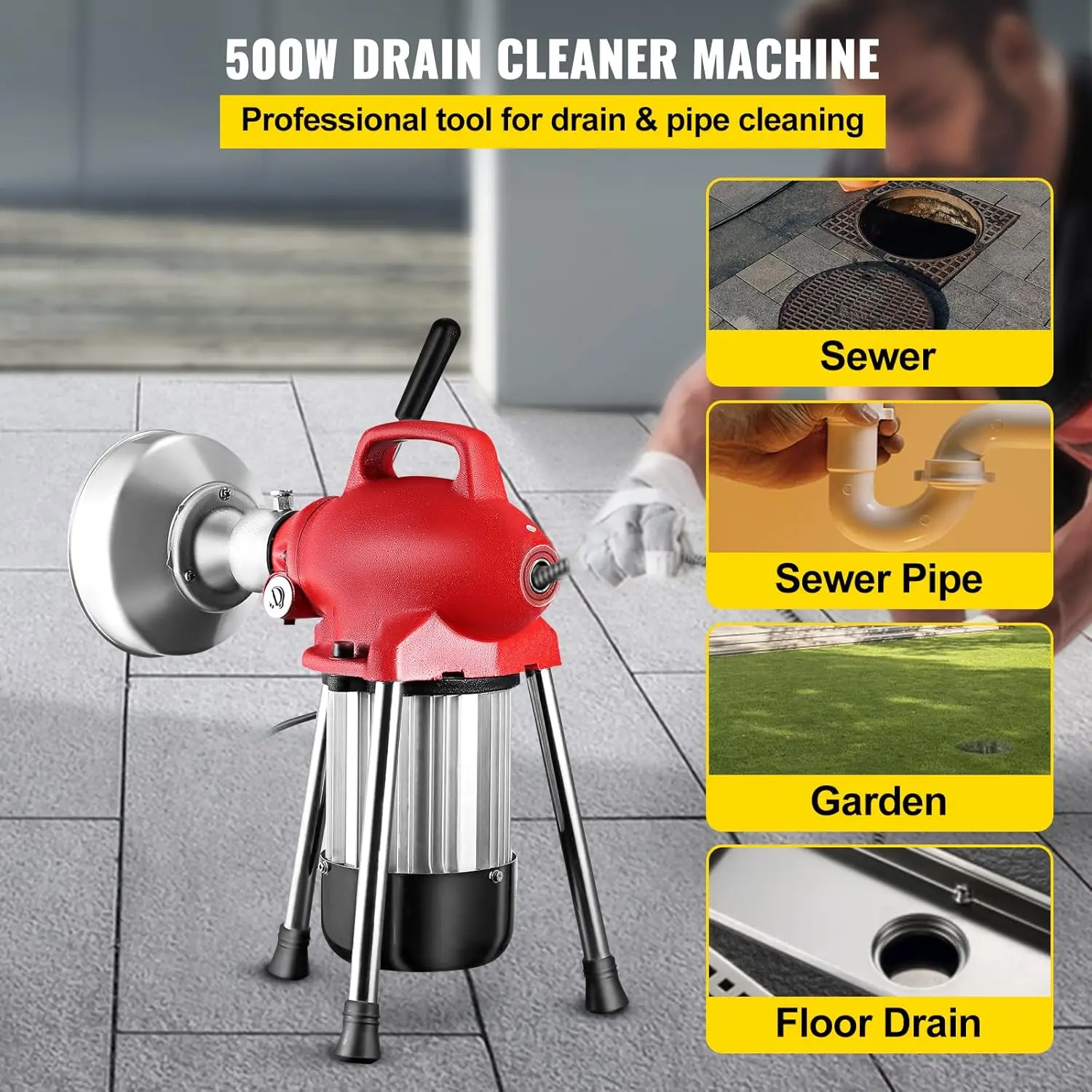 Drain Cleaner Machine, 500W 3 Cables, Electric Drain Auger for 3/4