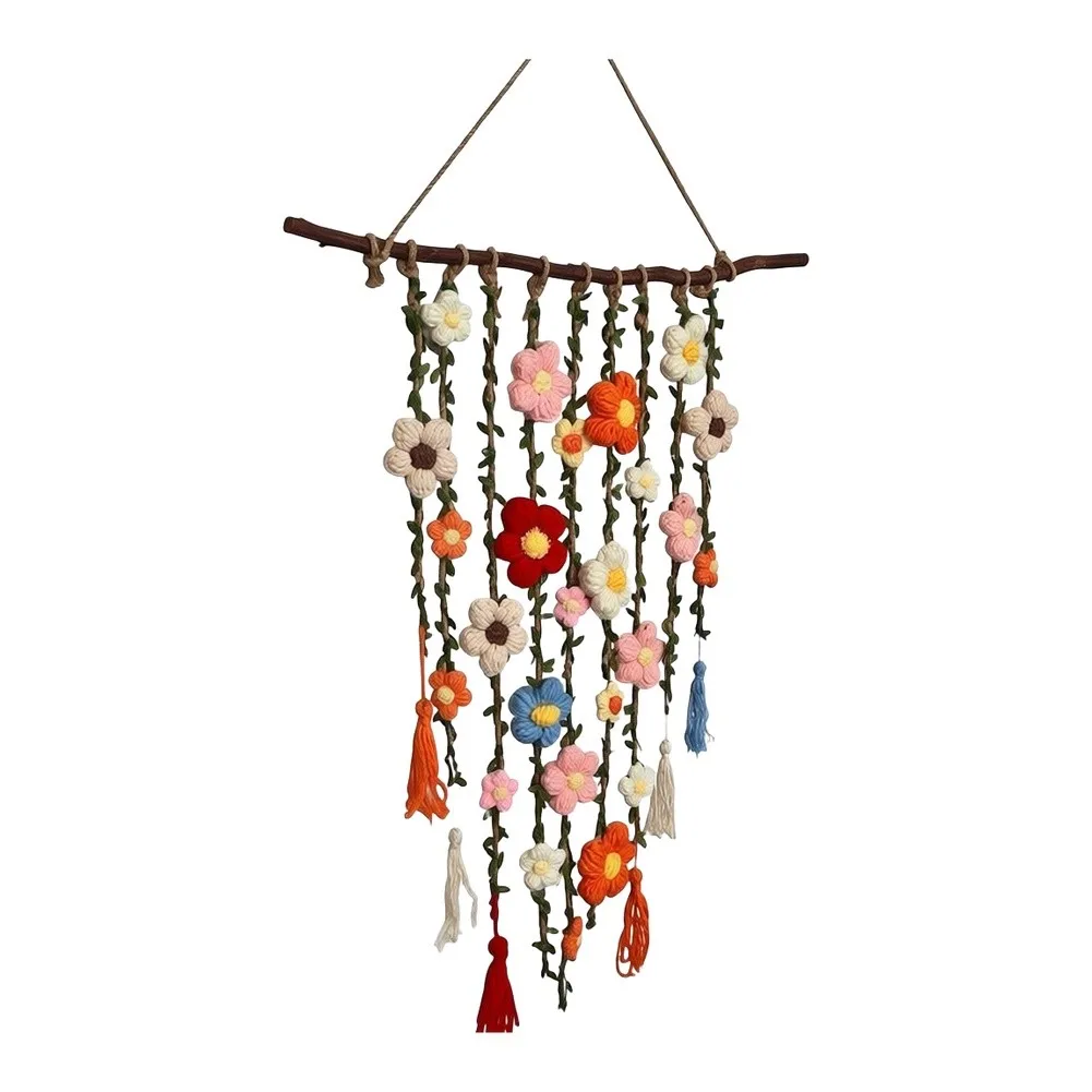 80*50cm Handmade Crochet Floral Vine Wall Hanging Green Fabric Macrame Decorations For Living Room Bedroom Boho Art