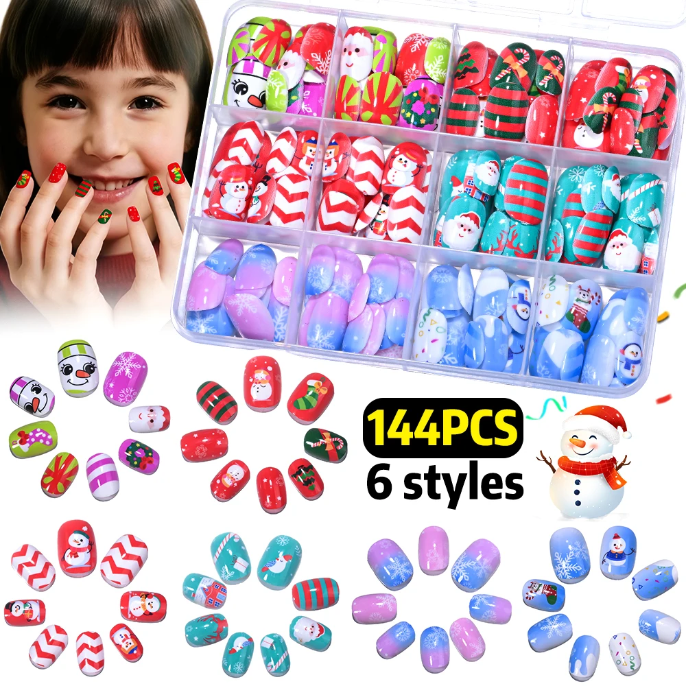 144pcs Mixed Christmas Cartoon Kids Fake Nails Set 3D Self Adhesive Full Cover False Nails Cute Snowflake Children Manicure Tips