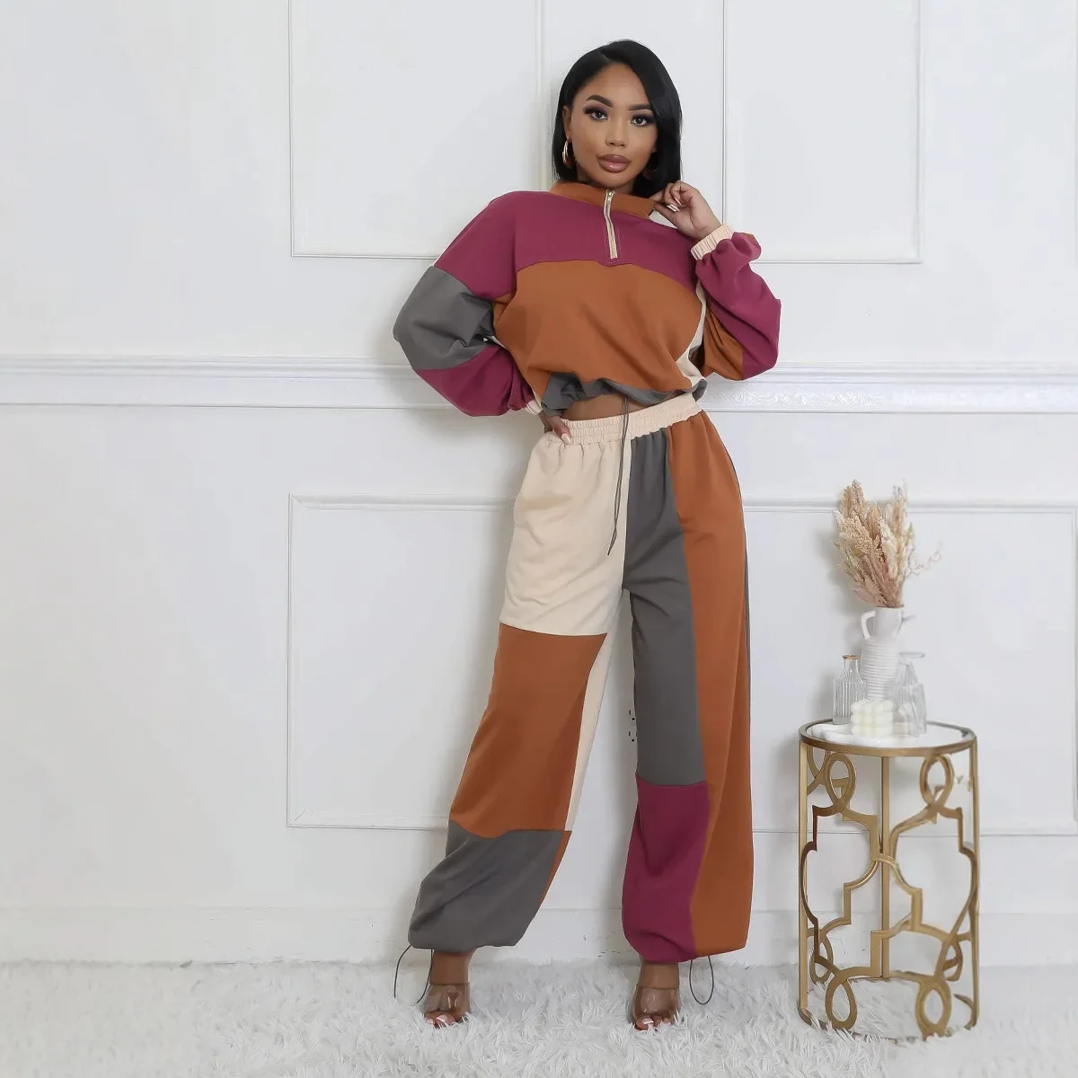 

Chic Patchwork 2 Piece Set Women Long Sleeve Drawstring Tops Wide Leg Pants Outfits Winter Spring Sport Two Piece Tracksuit