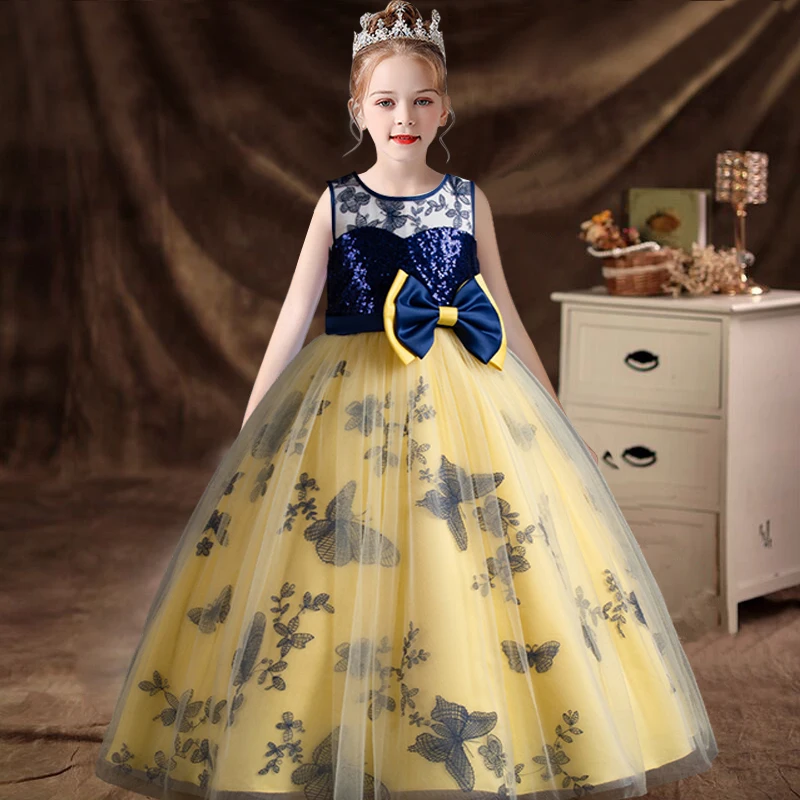 

2024 New Girl's Sequin Princess Dress Fashionable Butterfly Print Mesh Long Dress Carnival Banquet Flower Girl Performance Dress