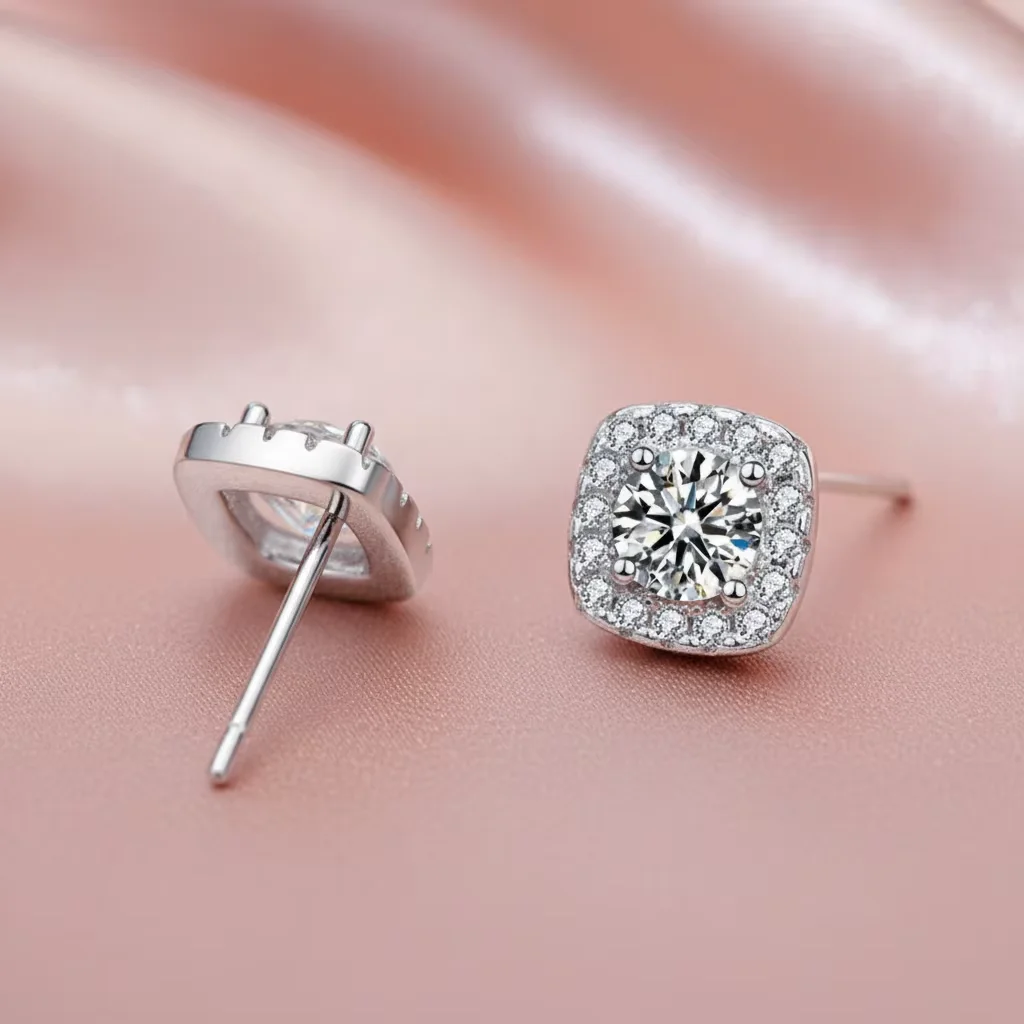

925 Silver Moissanite Stud Earrings for Women Cushion Shaped Halo Earring Studs