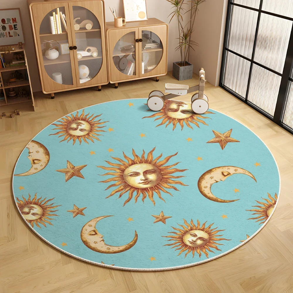 Modern Round Area Sun Moon Star Rug Non-Slip Circular Rugs Large Circle Carpet for Bedroom