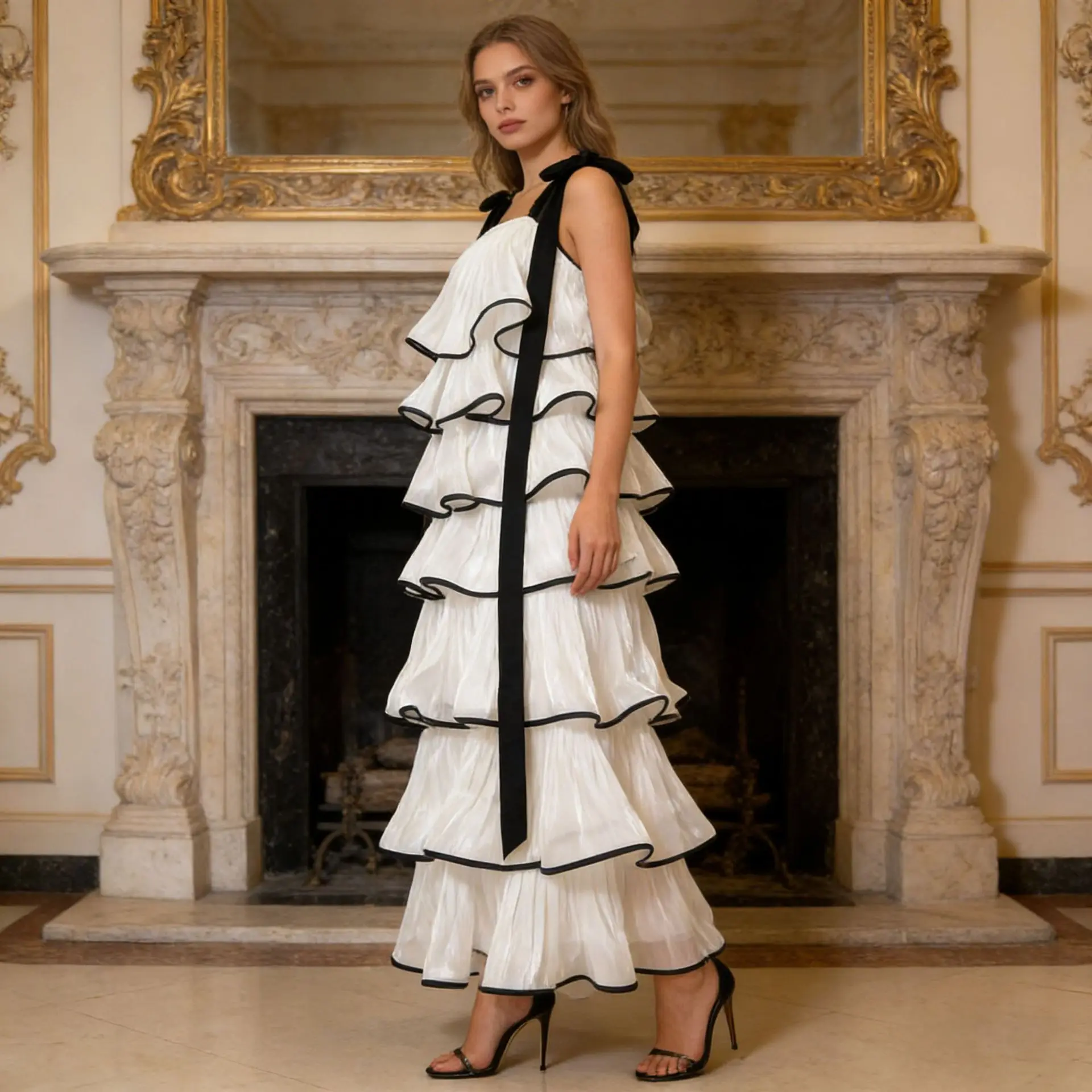 Vestidos longos de cetim com babados em camadas, mulheres, verão, pescoço quadrado, sem mangas, moda, alça com laço, roupões femininos, elegante, vintage