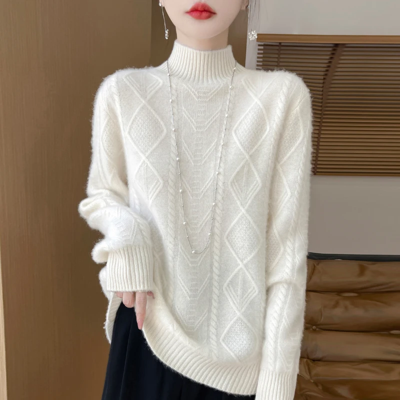 Thickened Semi High Neck 100% Merino Wool Sweater For Women's AutumnWinter Solid Color Pullover Warm And Soft Knitted Jumper Top