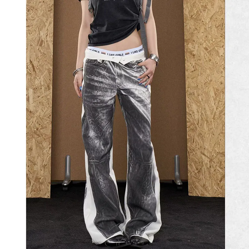 Women New Arrival Vintage Distressed Color‑Block Washed Jeans Lady Straight‑Leg Figure‑Flattering Versatile Casual Pants