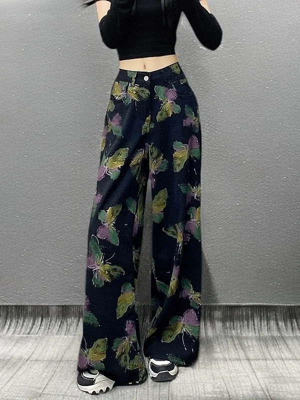 

Ретро-джинсы с американским принтом, с высокой талией, утягивающие, черные, женские, модные, весна-осень, новые, повседневные, широкие брюки