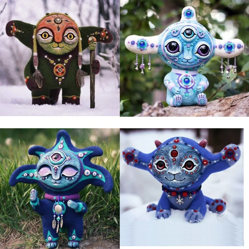 1pc Courtyard Garden Resin Statue Three Eyes Alien Statue Sculpture Fantasyland Creatures Ornaments Home Decor Elf Figurines