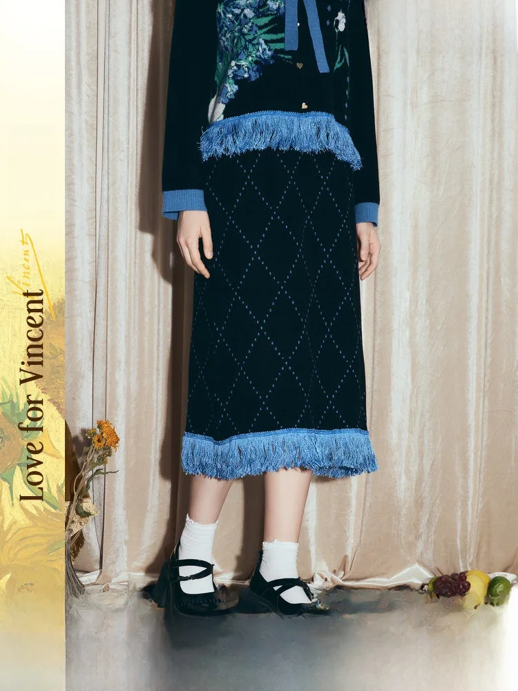 

Artistic Knitted f Skirt with Tassel Hemline Color Blo Design High Waist Straight Cut Ci Walk Suitable for Winter