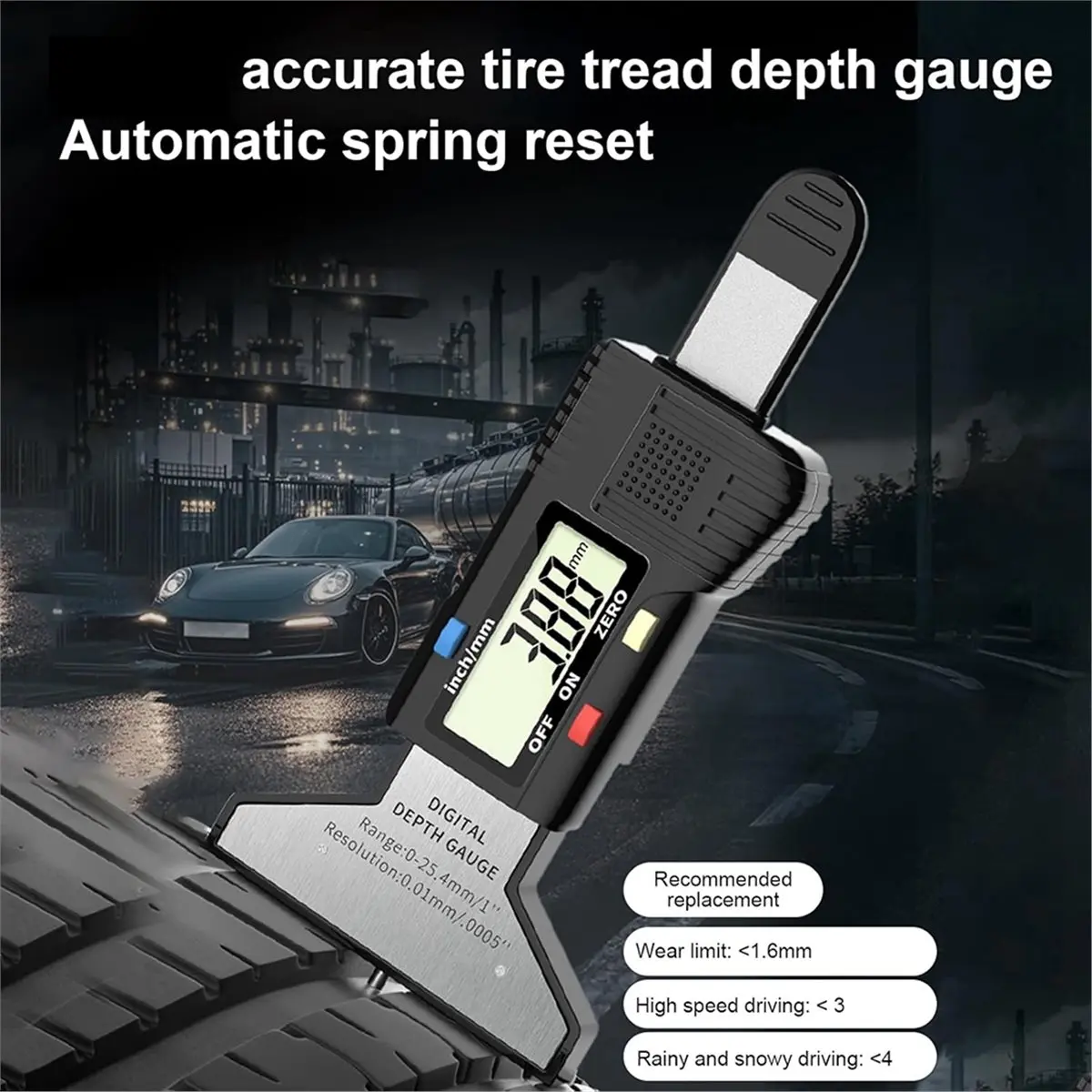 Tread Depth Gauge - Tire Measure, Tester Digital Display 0.01mm Accuracy, Measuring Range 0-25.4mm