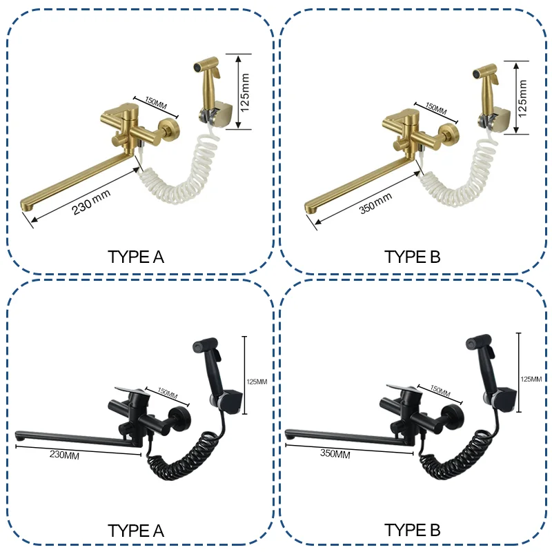 In-Wall Brushed Gold Extra Long Spout Kitchen Sink Faucet Black Hot Cold Double Hole Washbasin Mixer Water Tap Stainless Steel