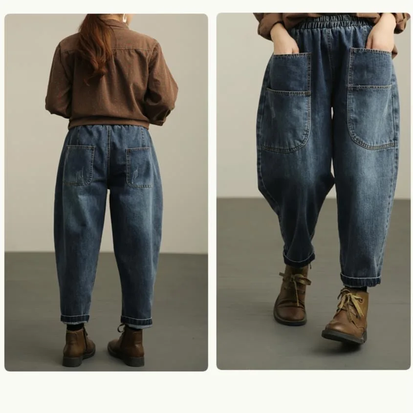 Oversize 90kg Casual Jogger Jeans Women Elastic High Waist Denim Harem Pants Pocket Baggy Vaqueros Ankle Length Spring Pantalon