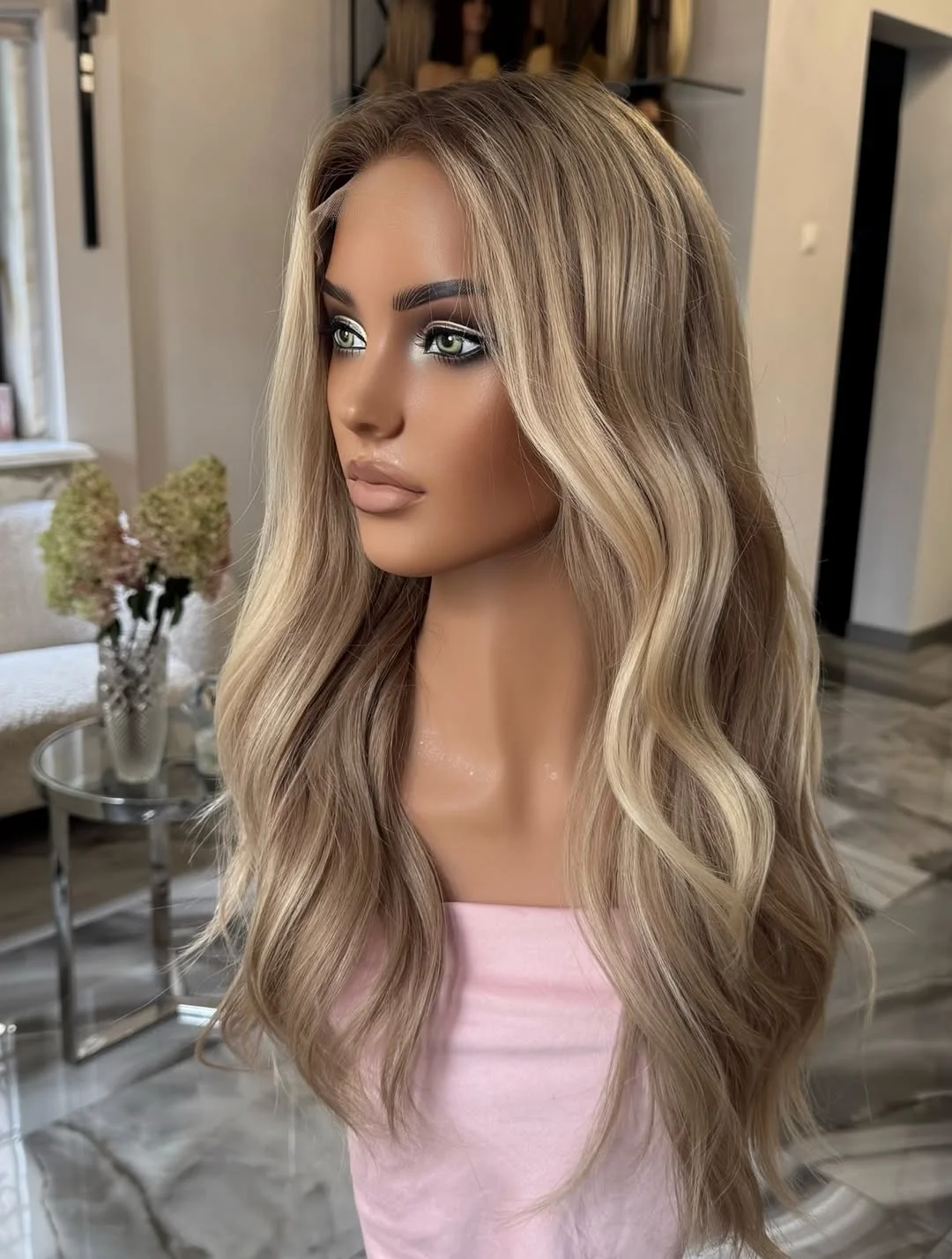 Balayage Blonde Highlights Synthetic Lace Front Wig Long Loose Wave Natural Hairline Ash Rooted Blonde Lace Front Wigs for Women