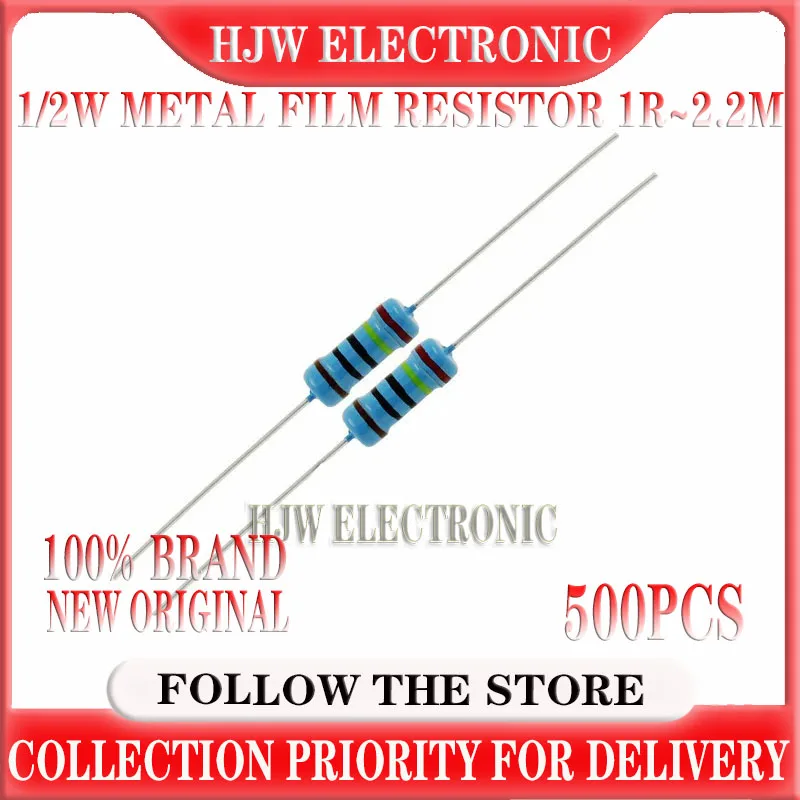 

500pcs 1/2W Metal film resistor 1R~2.2M 100R 220R 330R 1K 1.5K 2.2K 3.3K 4.7K 10K 22K 47K 100K 100 220 330 1K5 2K2 3K3 4K7 ohm